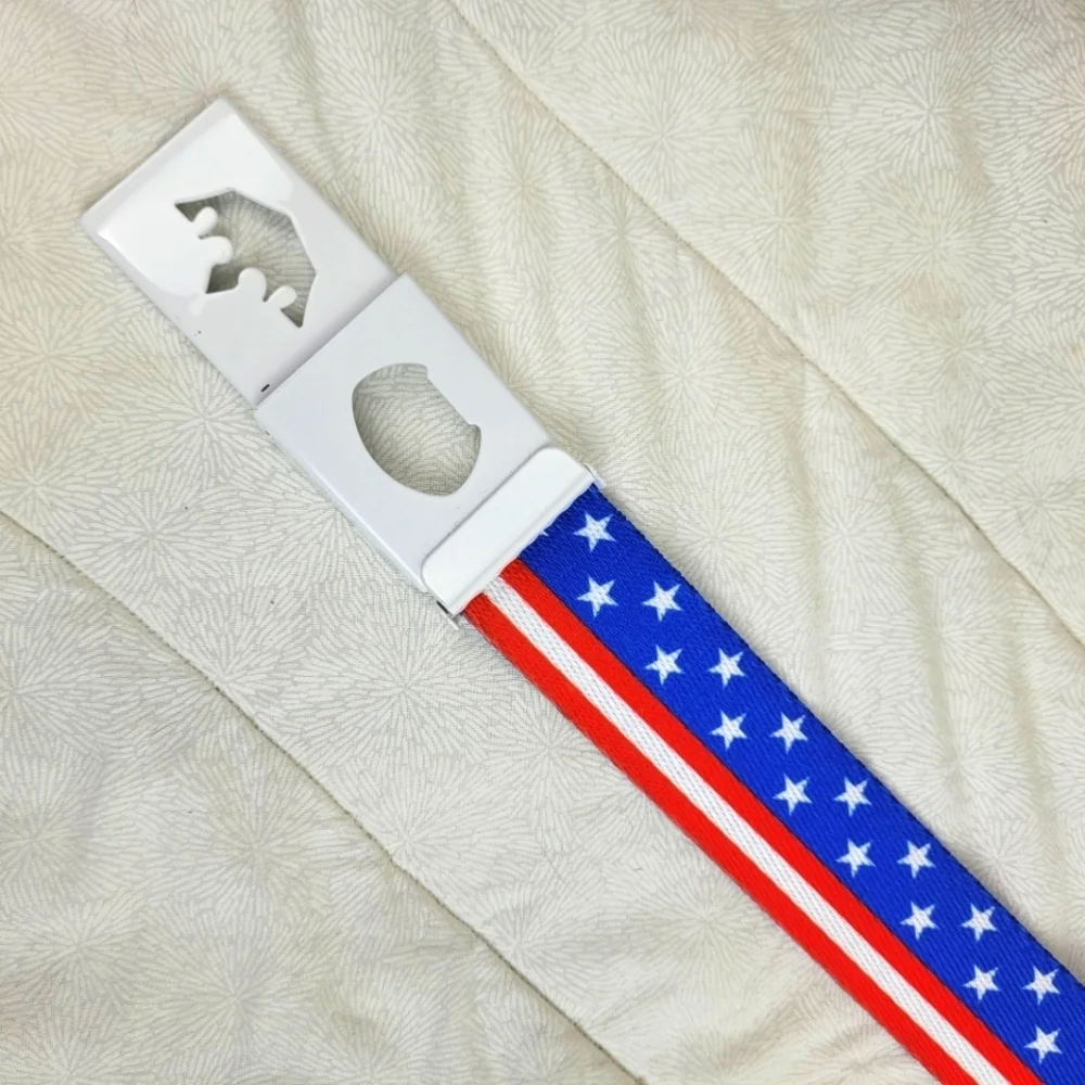 Red white blue patriotic stripes stars USA canvas belt unisex white buckle M/L